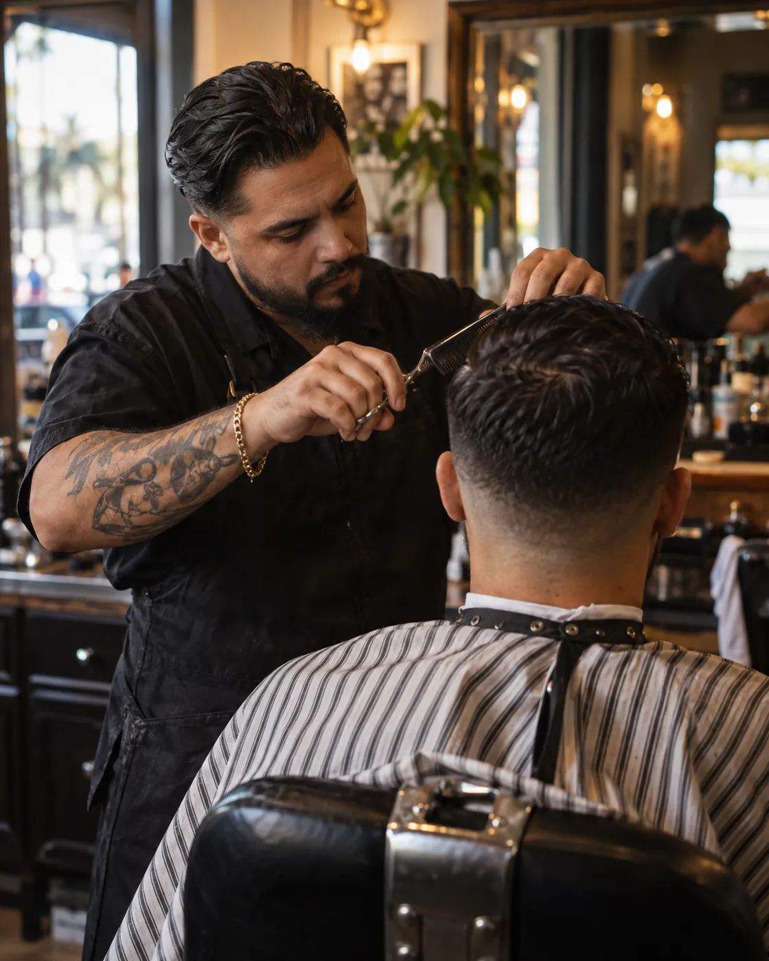 A barber mid-cut in a small neighborhood barbershop