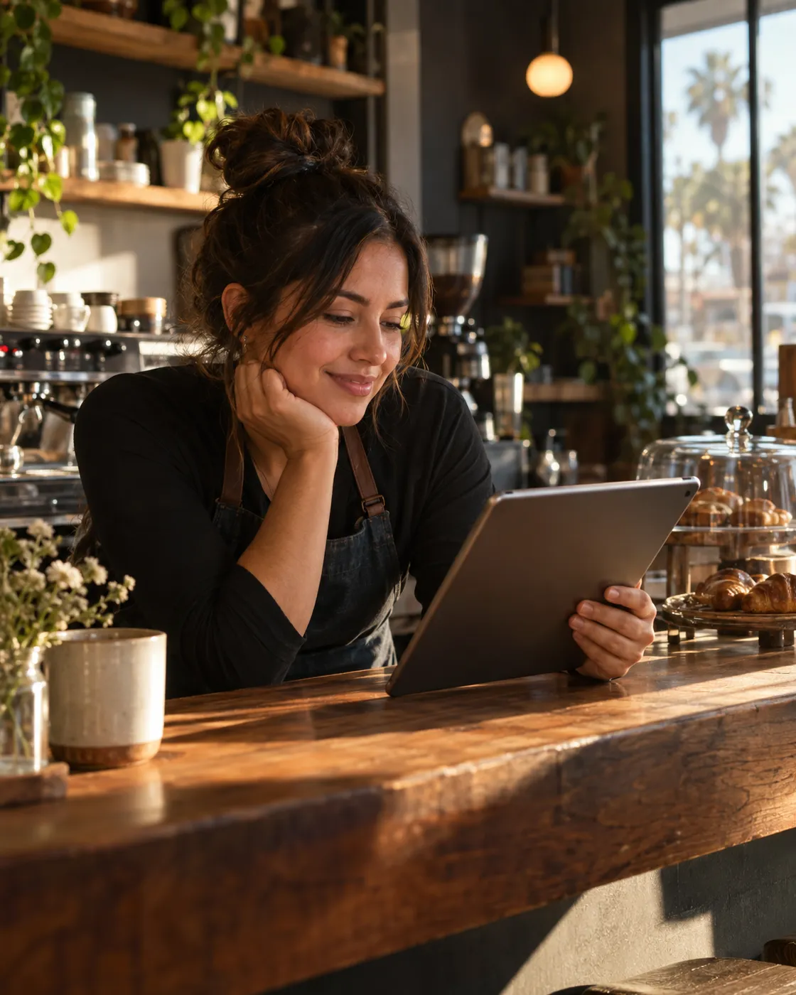 A café owner at her counter in the morning