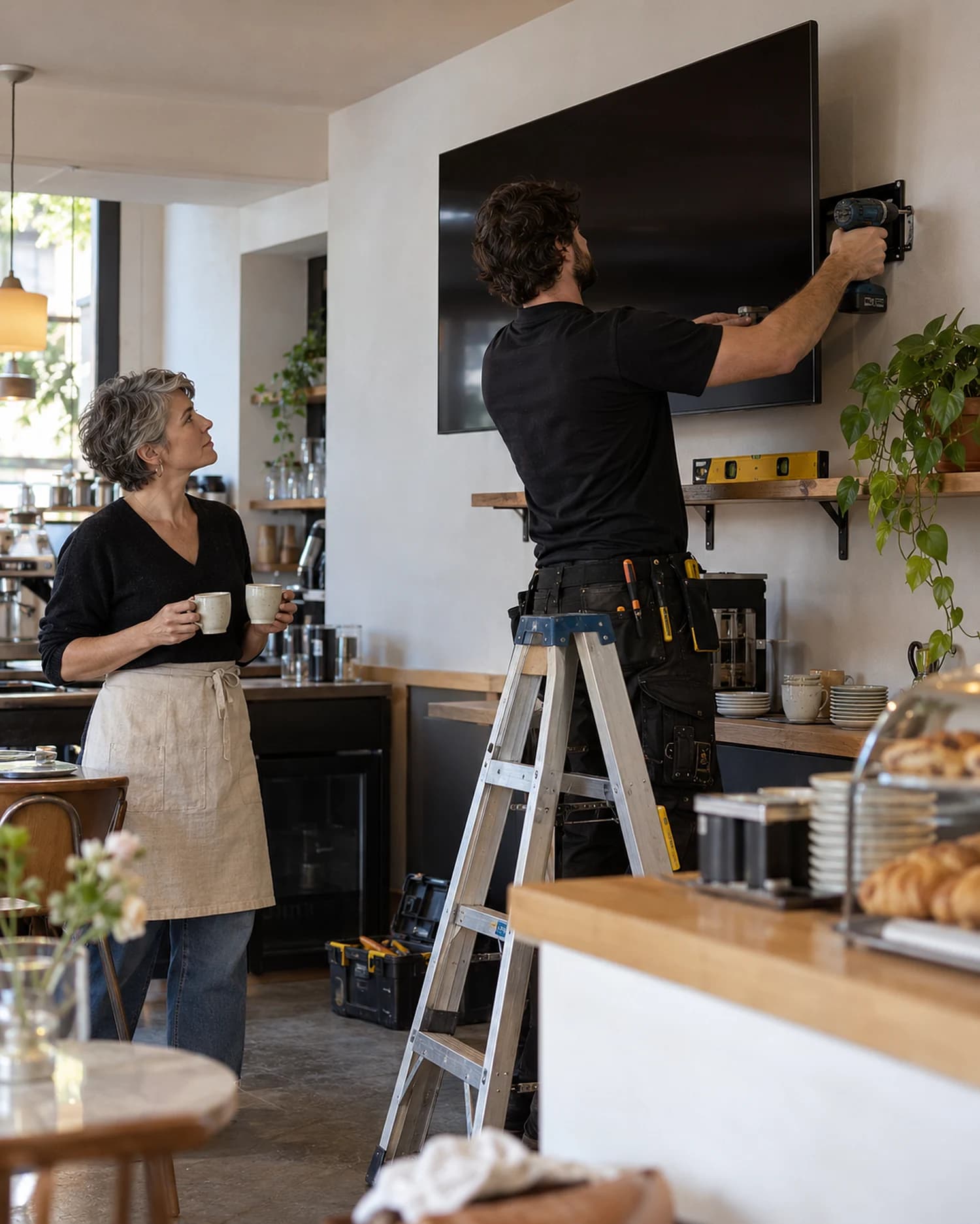 A technician mounts a Glowbiz Display on a café wall as the owner watches