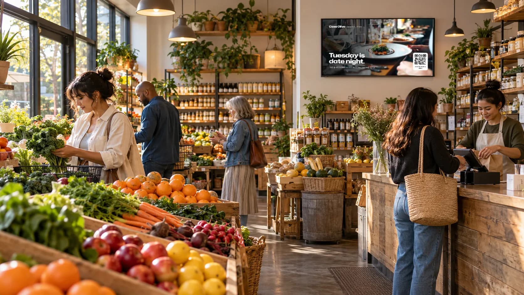 A busy neighborhood market with a Glowbiz Display on the wall