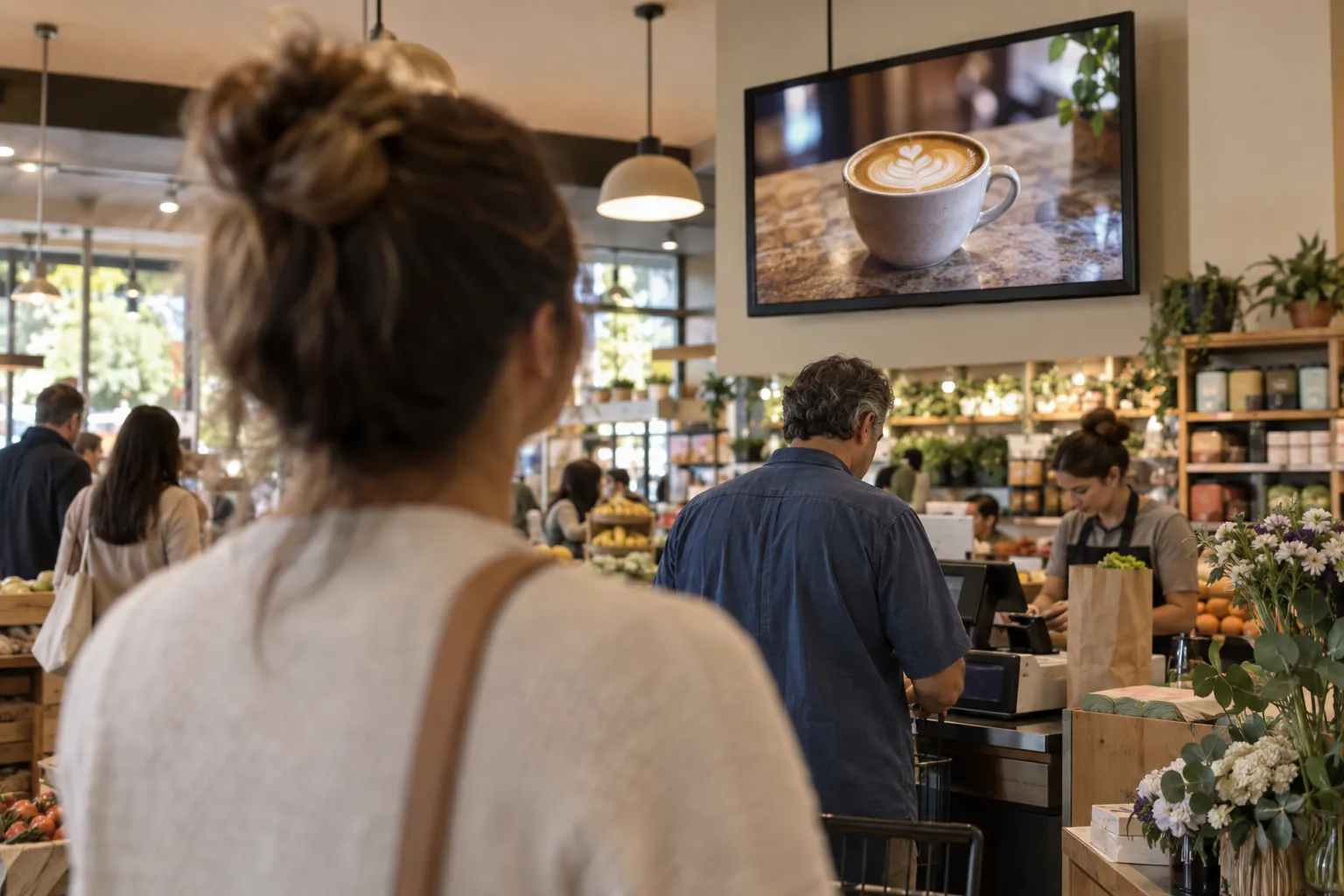 A shopper in the checkout line looks up at an in-store screen showing a coffee ad