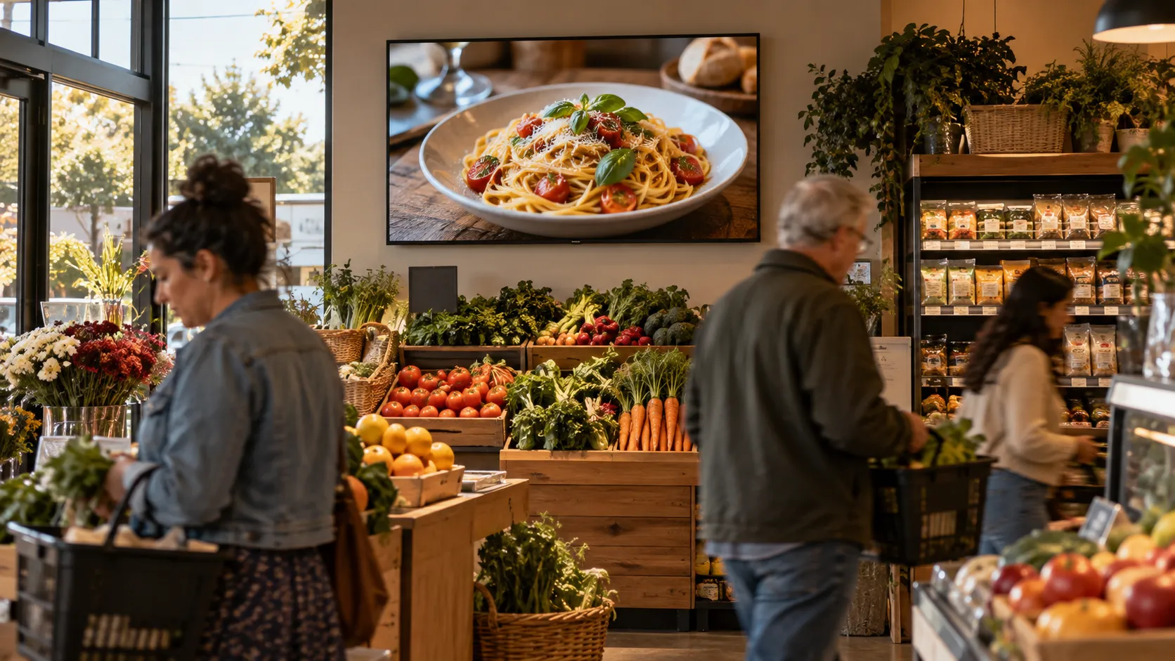 Shoppers in a neighborhood grocery store beneath a wall-mounted ad screen