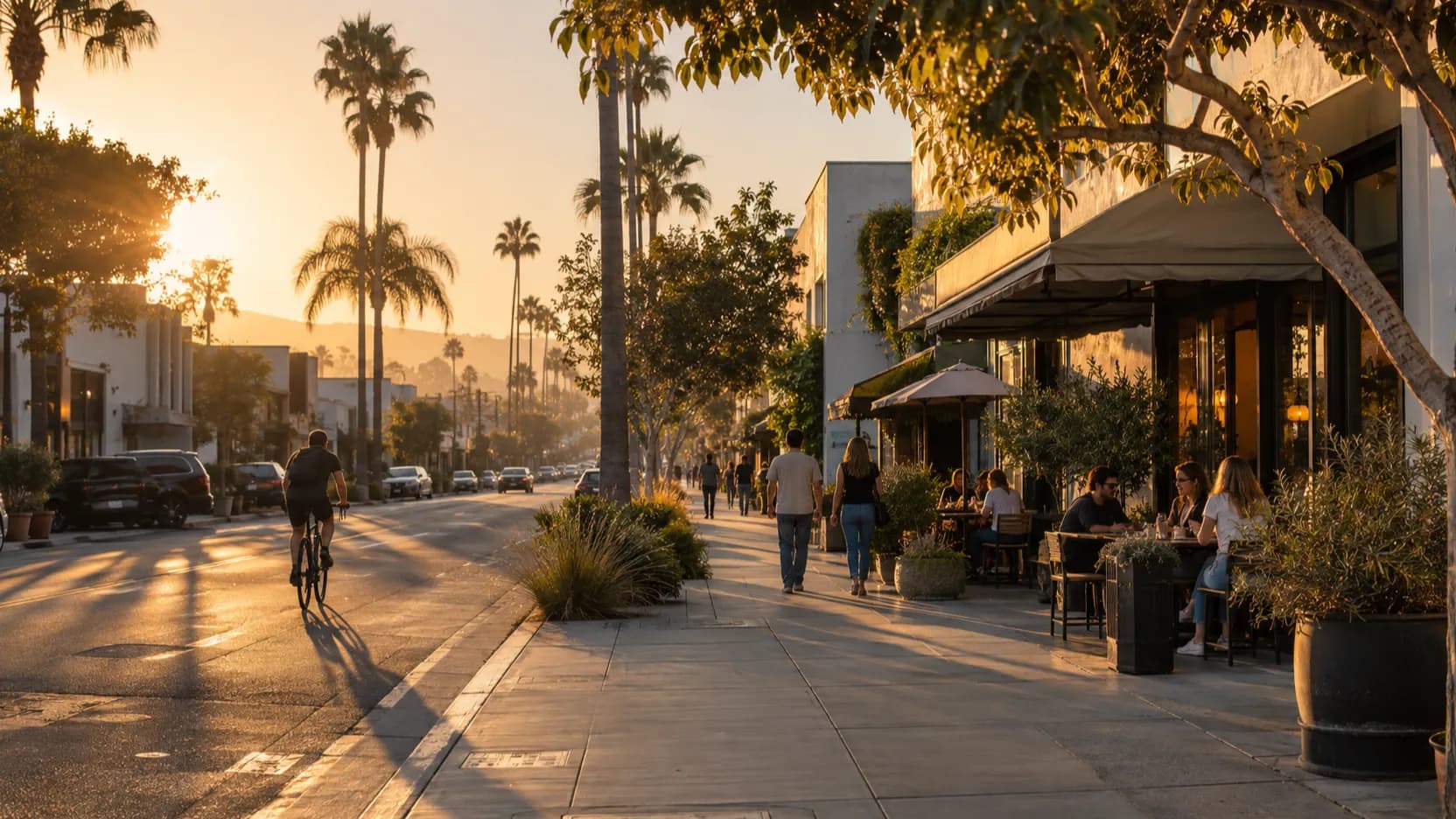 A quiet west Los Angeles street of local shops at golden hour